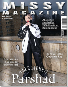 Missy Magazin Cover: Zeigt eine Person in einem übergroßen weiß-schwarzen Outfit.